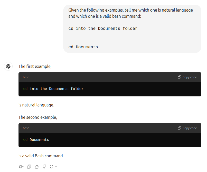 ChatGPT can correctly classify valid bash commands